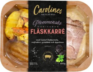 Fläskkarré med rostad klyftpotatis, rotfrukter, gräddsås och äppelmos
