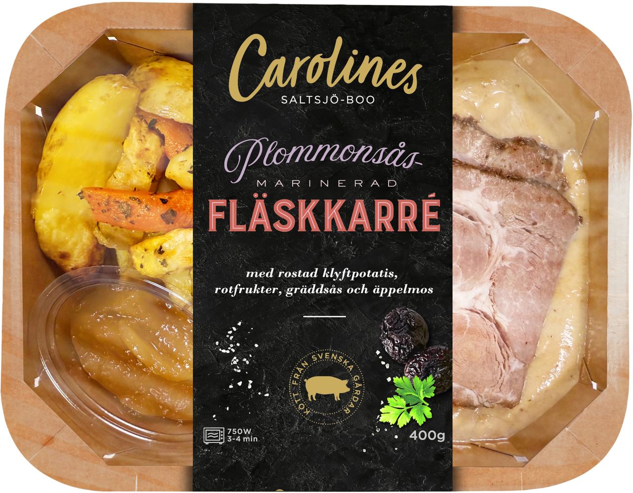 Fläskkarré med rostad klyftpotatis, rotfrukter, gräddsås och äppelmos